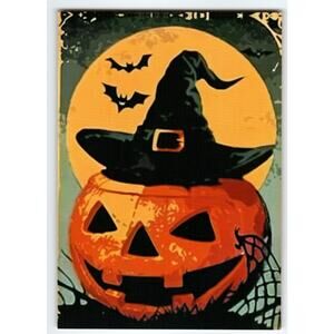 Vintage Halloween Postcard Jack O'Lantern with Witch Hat & Bats